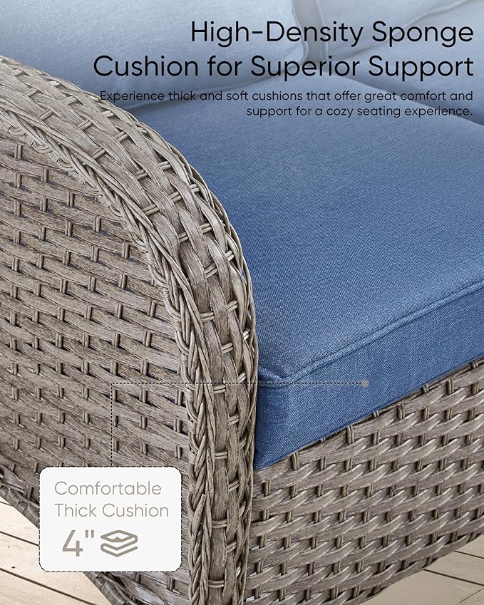 Patio Furniture-All Weather Wicker Patio Conversation Sets with Swivel Patio Chairs High Back Outdoor Couch with Swivel Rocking Chairs Outdoor Furniture for Deck Lawn Porch Balcony Poolside-Grey/Blue