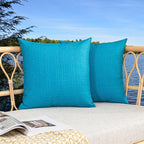 Kevin Textile Pack of 2 Outdoor Waterproof Throw Pillow Covers Solid Checkered Linen Decorative Farmhouse Pillowcases for Garden Patio Tent Balcony Couch Sofa 24 x 24 Peacock Blue