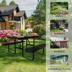 4FT Rectangular Steel Outdoor Picnic Table,Commercial Black Picnic Table Bench Set with Umbrella Hole, Weather-Resistant Heavy Duty School Dining Table for Patio, Garden, Backyard