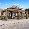 14' X 22' Hardtop Gazebo, Aluminum Wood-Looking Frame Outdoor Permanent Galvanized Steel Double Roof Pavilion Pergola Canopy with Privacy Curtains for Garden, Patio, Backyard, Deck and Lawns.