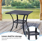3 Pieces Round Dining Table Set for 2, Patio Dining Set Includes 2 Black Stackable Patio Chairs and 27.6" Black Metal Square Table, Patio Furniture Sets with Sling Support for Outside, Garden