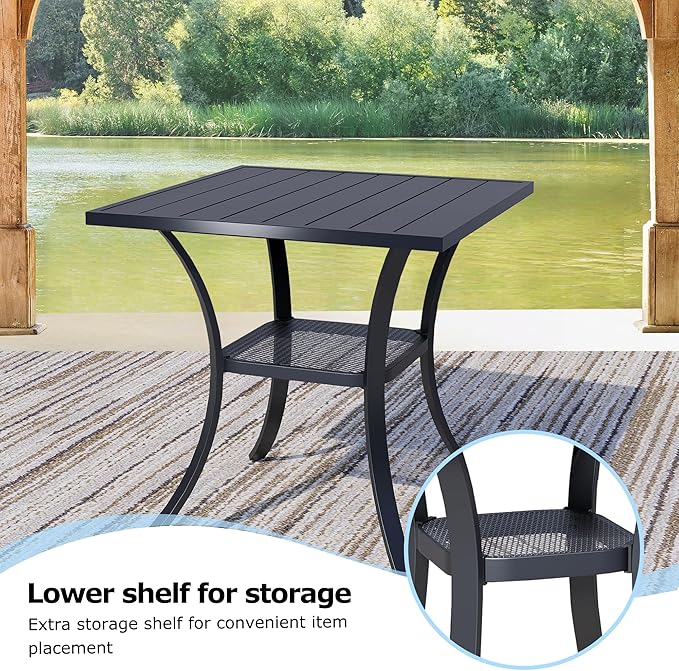 3 Pieces Round Dining Table Set for 2, Patio Dining Set Includes 2 Black Stackable Patio Chairs and 27.6" Black Metal Square Table, Patio Furniture Sets with Sling Support for Outside, Garden