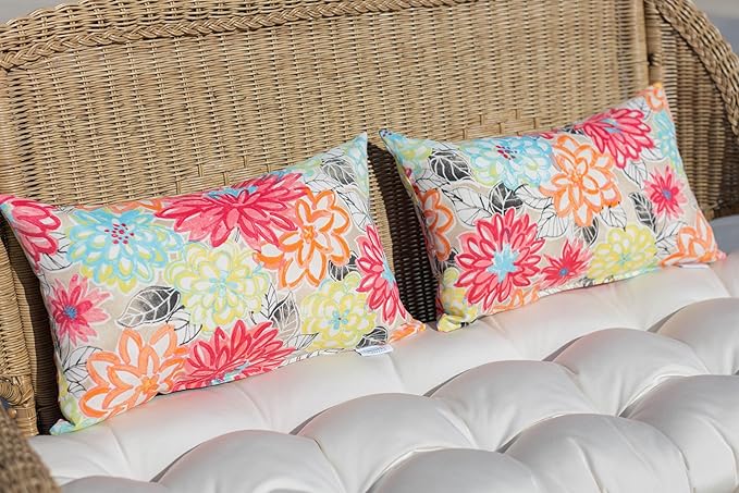 RSH Décor Sunbrella Jumbo Lumbar Pillow Covers – Set of 4 | 26" x 16" | Outdoor Use – Patio, Lounge, Adirondack, Deck | Water & Fade-Resistant | Artistic Floral | Includes Down-Alternative Inserts