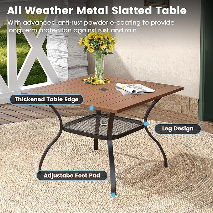 DIFY Outdoor Dining Table, Patio Square Metal Dining Table with 1.57" Umbrella Hole for 4 Person, Ideal for Poolside, Deck, Garden and Balcony, Walnut