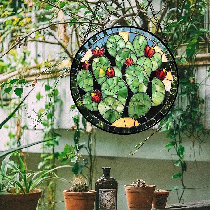 Stained Glass Window Hanging - Green Cactus Suncatcher for Doors Garden Patio Retro Plants Sun Catchers Decor Christmas Mother's Day Birthday Gifts for Women Men Mom Nana Friend 7.8 in