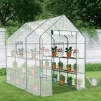 Outvita Walk-in Greenhouse, Outdoor Durable PE Plant Green House for Frost Protection with 3 Tiers 12 Shelves, Shelf Clips, Roll-up Zipper Door, 56"x85"x77" White