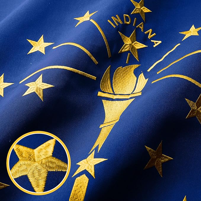 G128 Indiana State Flag | 2.5x4 Ft | StormFlyer Series Embroidered 220GSM Spun Polyester | Embroidered Design, Indoor/Outdoor, Brass Grommets, Heavy Duty, All Weather