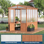 6x10FT Wooden Greenhouse with Cedar Frame, Outdoor Wood Greenhouses with Roof Vent, Wood and Polycarbonate Walk-in Greenhouse