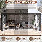 12' x 16' Hardtop Wall Mounted Gazebo, Lean to Gazebo with Galvanized Steel Roof Aluminum Frame Wall Gazebos Pergola with Netting&Curtains for Outdoor, Backyard, Patio