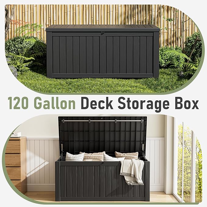 NUNU LAB 120 Gallon Outdoor Storage Box, Large Resin Deck Box with Lockable Lid, Waterproof Patio Storage Bench, Outdoor Cabinet for Garden Tools, Cushions & Pool Accessories