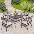 PHI VILLA 5 Piece Outdoor Dining Set with Cushion, 37” Square Metal Dining Table with Umbrella Hole & 4 Cushioned Steel Chairs for Patio, Deck, Yard