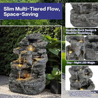 Merax 5-Tiered Concrete Tall Slim Fountain – 23.85" H LED Lit Outdoor Water Feature, Space-Saving Modern Design for Patio, Garden, Balcony, All-Weather Resistant