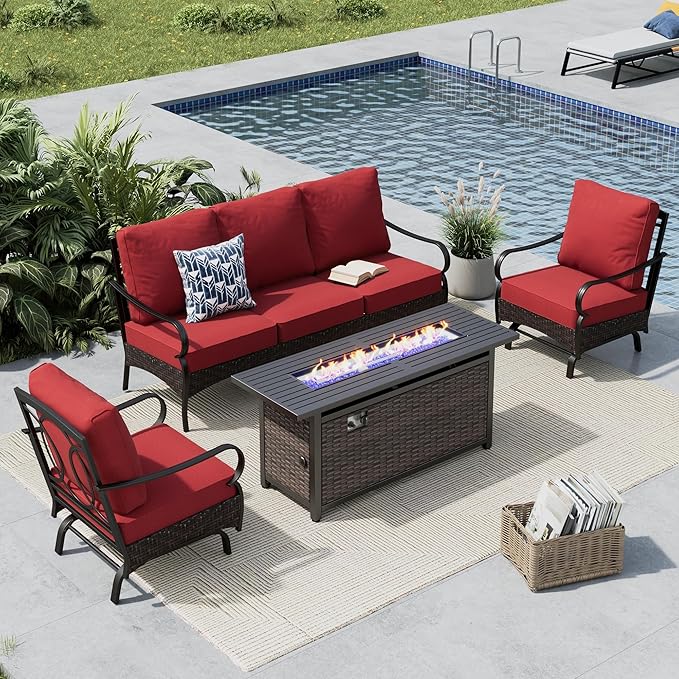 MFSTUDIO 4 Pieces Outdoor Patio Furniture Set, Metal Outdoor Conversation Set, Rattan Wicker Patio Sectional Set with 2 x Rocking Single Sofa, 3-Seat Sofa, 1 x Fire Pit Table, Red