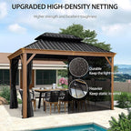 PURPLE LEAF 10' X 12' Outdoor Hardtop Gazebo for Patio Galvanized Steel Double Roof Permanent Canopy Teak Finish Coated Aluminum Frame Pavilion Gazebo with Netting