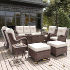 LayinSun 10 Pieces Outdoor Patio Furniture Set with Fire Pit Table, Rattan Wicker Sectional Swivel Rocker Chairs Sets with Ottomans, Swivel Glider Chair, Single Chairs and Coffee Table