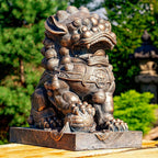 Zaer Ltd. Set of 2 Traditional Fu Dog Garden Statues, Chinese Guardian Lion Sculptures with Pedestals, Made with Magnesium-Cement (Aged Bronze)