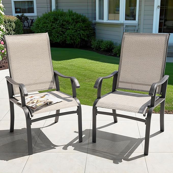 NUU GARDEN Patio Dining Chairs Set of 2, Outdoor Dining Chair with Powder-Coated Frame, All Weather Metal Dining Chairs with Textilene High Back and Wider Seat for Backyard, Deck, Balcony, Beige