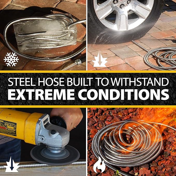 BIONIC STEEL 50 Ft Metal Garden Hose with Sprayer Nozzle, Non Kinking Designed Stainless Steel Heavy Duty Water Hose 50Ft x 5/8 in. Ultra Flexible NON Expandable for Uninterrupted Water Flow, 500 PSI