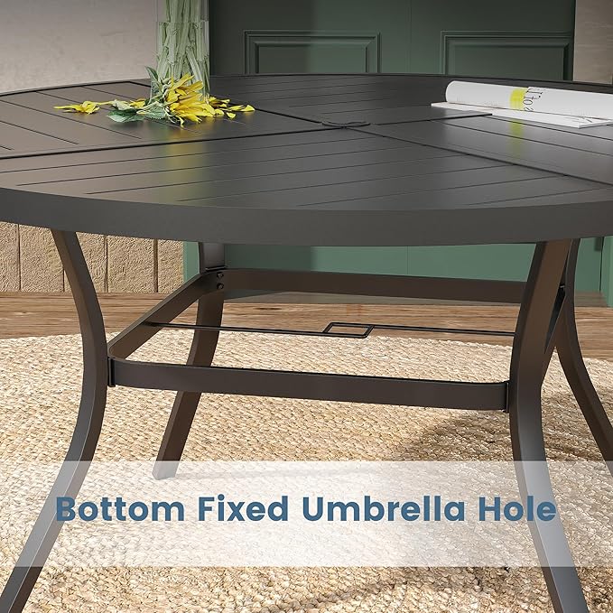 DIFY 7 Pieces Outdoor Patio Dining Set, 6 Brown Textilene Swivel Dining Chairs and 53.1" Black Round Metal Dining Table, Outdoor Table and Chairs