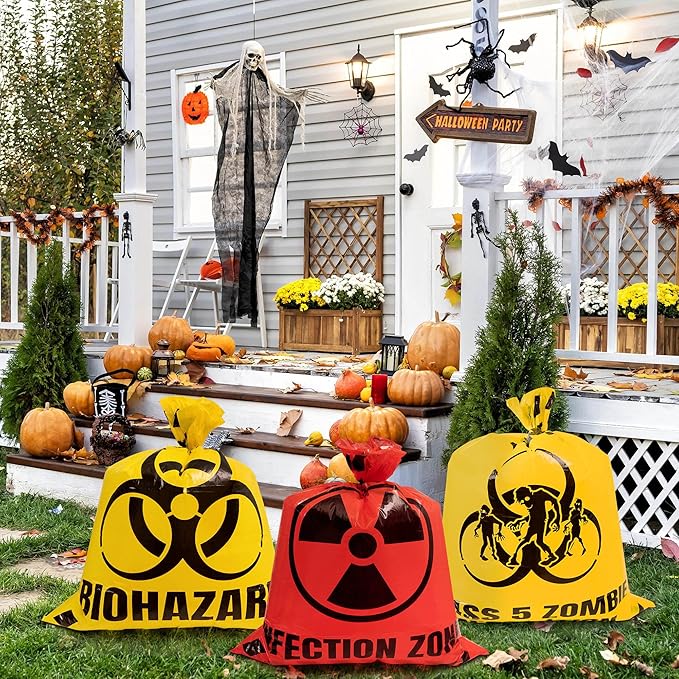 CNhoqc Halloween Lawn Trash Bags - 24Pcs Zombie Warning Reusable Waste Bags with Twist Ties, Fallen Leaf Grass Clipping Trash Container, Heavy-Duty Plastic for Biohazard Parties Outdoor Decorations