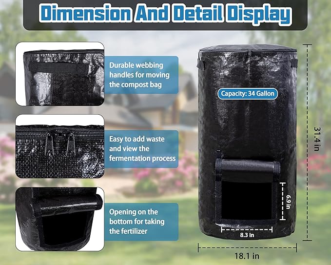 MyLifeUNIT Compost Bins Outdoor, Composting Bin for Outside Garden, Reusable Garden Yard Waste Bag, 34 Gallon (1 Pack, Black)
