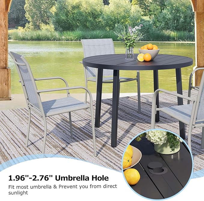 5 Pieces Round Dining Table Set for 4, Patio Dining Set Includes 4 Beige Blue Stackable Patio Chairs and 1 Black Round Table, Patio Furniture Setss with Sling Support for Outside, Garden