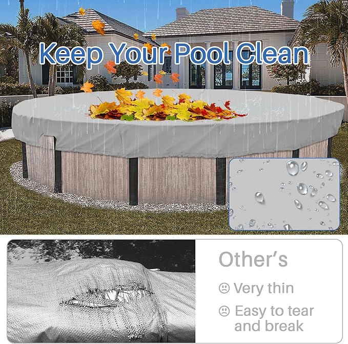 ECOOPTS 13 ft Waterproof Round Polyester Pool Cover for Above Ground Pools, Swimming Pool Cover Protector Winter Safety Cover (Light Grey)