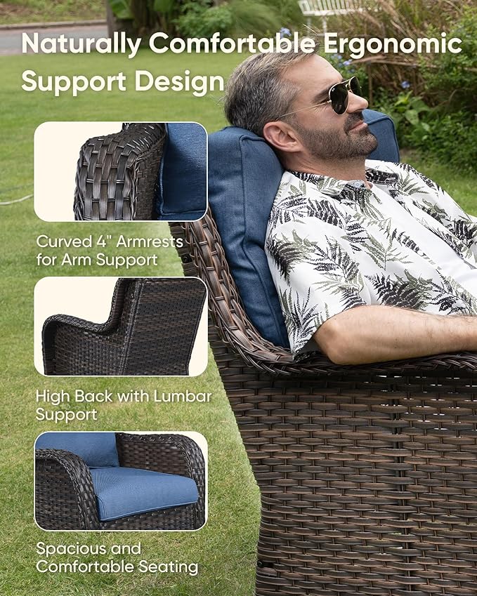 HUMMUH 3-Piece Swivel Rocking Rattan Chair Outdoor, Patio Bistro Furniture Conversation Set with Cover,Cushioned Wicker Chair with Glass Coffee Table(Brown, Blue)
