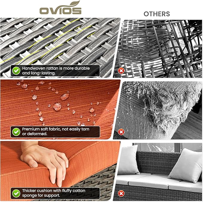 ovios 8 Pieces Patio Furniture Set, Outdoor Wicker Sofa Couch with Swivel Chairs 42" Fire Pit Table, High Back All Weather Modern Conversation Sets, Brown Rattan, Orange Red