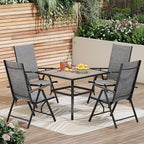 PHI VILLA 5-Piece Patio Dining Set with Umbrella Hole, Patio Table and Chairs Set with Square Wooden-Like Table & Folding Patio Chairs (Grey)