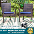PHI VILLA 5 Piece Outdoor Dining Table Set for 4, 37" Wood Top Metal Dining Table with Umbrella Hole & 4 Cushioned Rattan Chairs for Patio, Deck, Porch, Yard