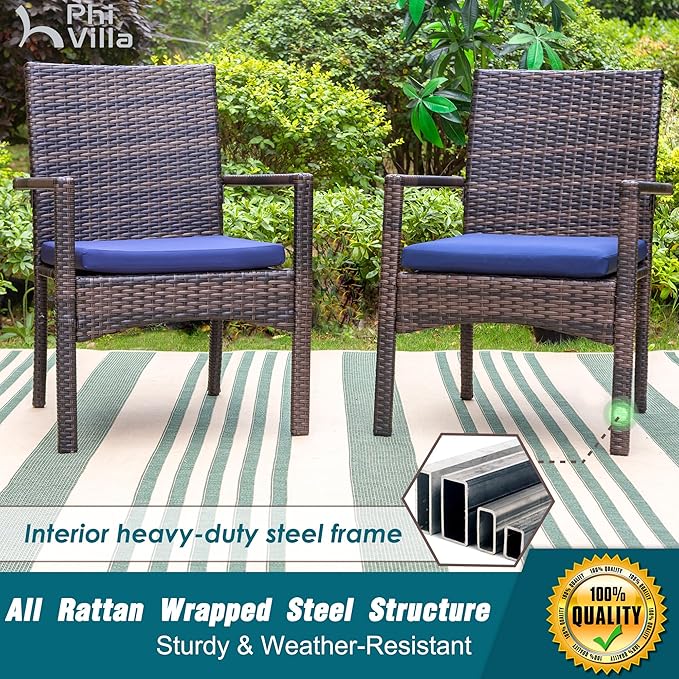 PHI VILLA 5 Piece Outdoor Dining Set with Umbrella, 37" Square Metal Dining Table & Cushioned Rattan Chairs with 10ft Blue Umbrella for Patio, Deck, Yard, Porch
