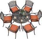 PURPLE LEAF Patio Dining Set Cast Aluminum 7-Piece Patio Furniture Set with 6 Dining Armchairs and 47" Round Table, 6 Cushions Included, for Lawn Yard Garden, Rhombic Brick Red Outdoor Dining Set