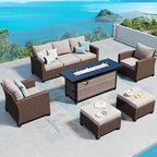 Patio Furniture Set Outdoor Furniture Brown Wicker Rattan Patio Conversation Sets with Cushion Outside Sofa Set,6 Pieces with Rectangular Firepit Table,7 Seats,Beige