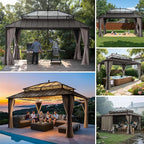 SUNJOY Kingston 16' x 12' Hardtop Gazebo with Galvanized Steel/Polycarbonate Double Roof, Curtain and Netting, Brown Aluminum Posts Permanent Pavilion Gazebo for Garden, Patio, Deck, Lawn