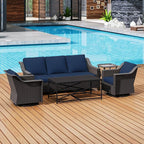 5 Pieces Outdoor Conversation Furniture Set - 77" Patio Sofa, 2 Swivel Rocker Chairs, 1 Side Table, 1 Metal Table, Patio Wicker Couch Set with Washable Cushions for Porch (Navy Blue)