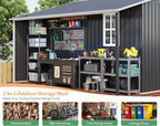 Jocisland 12x12x6.6 FT Galvanized Metal Storage Shed with Open Firewood Bay, Sliding Doors & Ramp, 2 Windows & Vents, Weather-Resistant Outdoor Tool/Garden Shed, Dark Grey/White