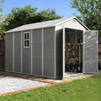 Outdoor Shed 5x3/6x4/7x7/8x6/8x10/8x12 FT, 15MM Thick PP Resin Plastic Shed with Lockable Door & Floor - Waterproof Plastic Tool Shed for Bike, Garbage Can, Backyard, Patio ﻿ ﻿ (Grey, 8x10FT)