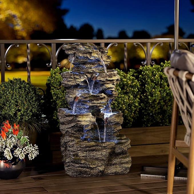 34.3" H Outdoor Water Fountain with LED Lights, 5-Tier Cascading Rock Waterfall for Yard, Garden, Patio, Outdoor Decor Water Features