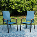 PHI VILLA Outdoor Stackable Chairs, Patio Chairs Set of 2, Light Weight Aluminum Frame with Textilene Fabric & Wood Armrest, High Back Deck Chairs for Poolside Lawn Garden, Blue