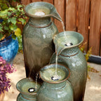 Glitzhome 30.75" H Vase Ceramic Outdoor Water Fountain with LED Lights and Pump, 4-Tier Olive Green and Brown Reactive Glaze Cascading Pots Standing Fountain for Porch Deck Garden Patio Backyard