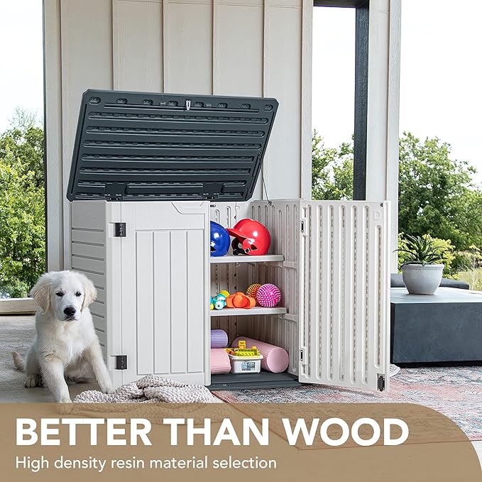 Devoko Resin Outdoor Storage Shed 34 Cu Ft Horizontal Outdoor Storage Cabinet Waterproof Patio Tools Storage Box for Sofa Cushion, Lawn Mower and Garbage Cans