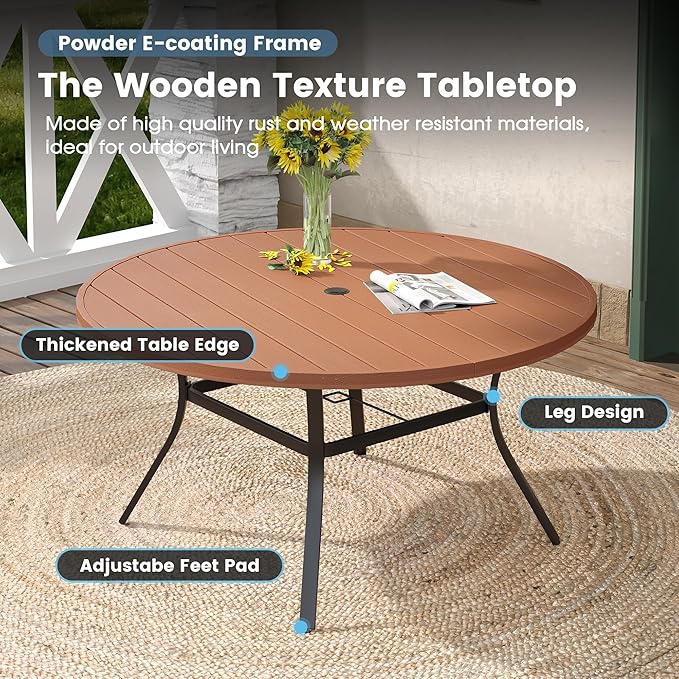 DIFY Round Outdoor Patio Dining Table for 8, 56.3" Patio Table with All-Weather Faux Wood Tabletop and Metal Steel Frame, Outside Table for Garden Porch Backyard, Walnut