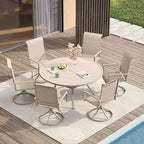 VICLLAX 7 Pieces Patio Dining Set for 6, All Weather Outdoor Furniture - 47.2" Round Patio Table and Swivel Padded Chairs, Sandshell Color Tabletop and Fabric