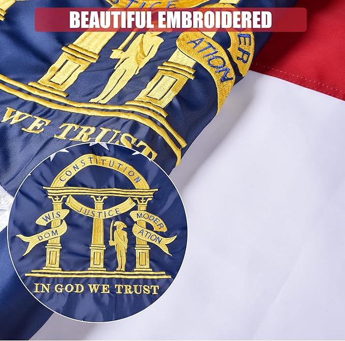 Georgia State Flag 4x6 Ft Deluxe Full Embroidered Premium Polyester Durable GA Outside Flag with Sewn Stripes and Brass Grommets for Indoor/Outdoor