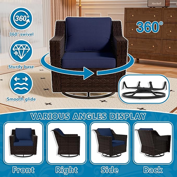 Vista Vibe 5 Pieces Outdoor Rattan Patio Conversation Furniture Set - 360 Degree Swivel Glider Rocker Chairs | Coffee Table | 2 Wicker Ottomans, Premium & Washable Cushions, Terrace (Brown/Navy)