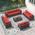 Outdoor Patio Furniture Set, 14 Pieces Outdoor Furniture All Weather Patio Sectional Sofa PE Wicker Modular Conversation Sets with Coffee Table,12 Chairs & Seat Clips(Red)