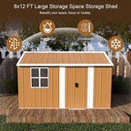 12x8 FT Outdoor Steel Storage Shed with Clear Windows, Sliding Lockable Door & Ventilation, Brown and White Weather-Resistant Metal Tool Shed for Garden, Backyard, Lawn, and Utility Storage