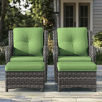 4 Pieces Patio Conversation Set, Wicker Chairs Set of 2 and Two Ottomans with 3.5-inch Seat Cushions, High Back and Curved Armrest for Backyard, Balcony and Deck, Green