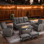 7 Piece Patio Furniture Set with Fire Pit Table - Wicker Patio Conversation Set with Swivel Glider, 3 Seat Sofa, Side Table and 2 Ottomans for Deck Backyard - Brown Wicker Grey Cushion